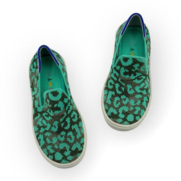 Rothy’s Aqua Cheetah Animal Print Slip-On Sneakers Kid’s Size 10 - Picture 1 of 9
